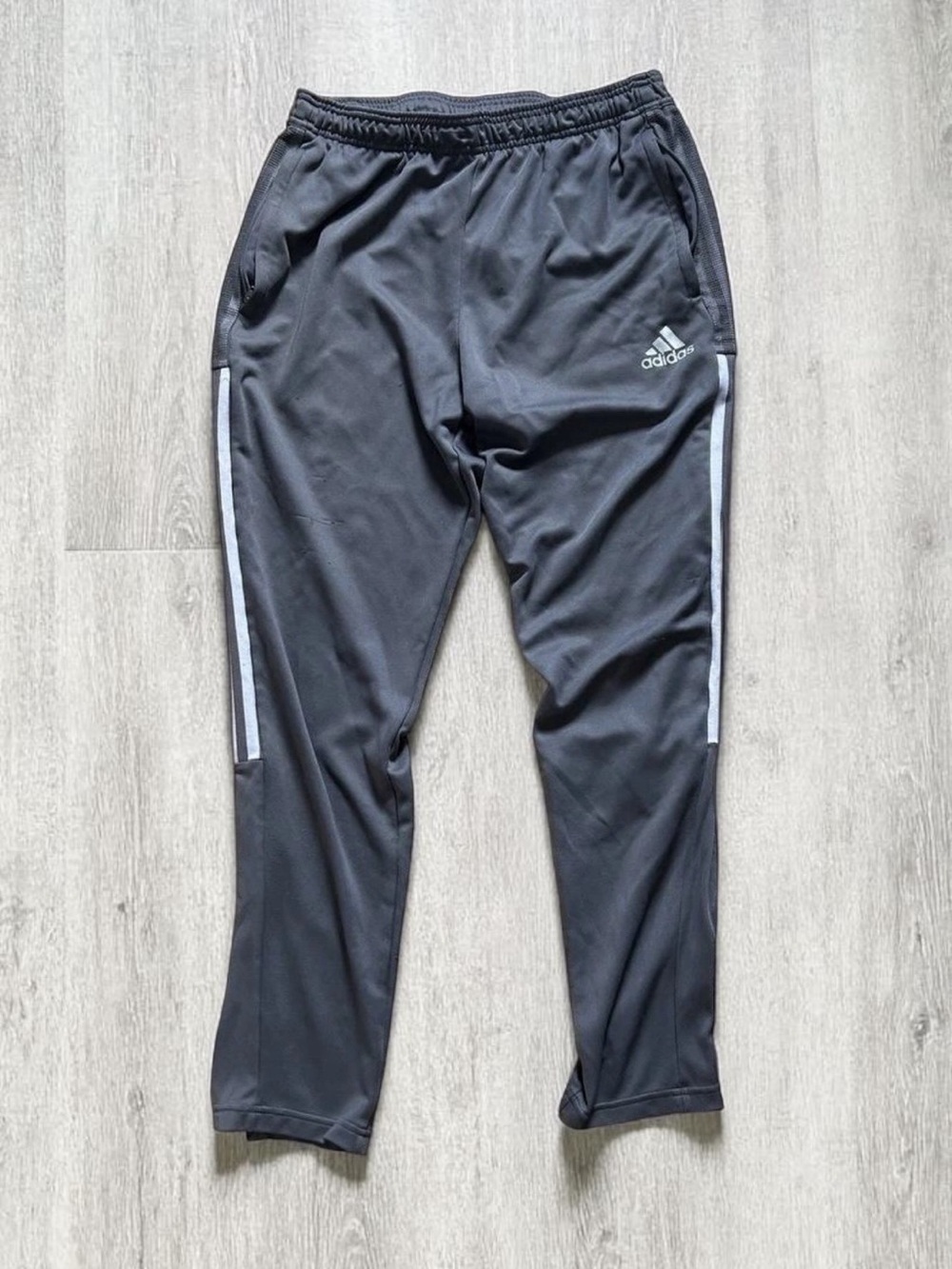 Adidas Gray Track Pants with White Side Stripes